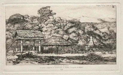Granges et huttes indigènes à Akaroa, Péninsule de Banks, 1845