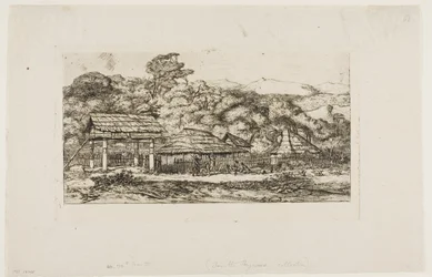 Granges et huttes indigènes à Akaroa, péninsule de Banks, 1845