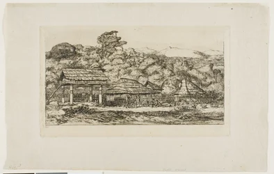 Granges et huttes indigènes à Akaroa, péninsule de Banks, 1845