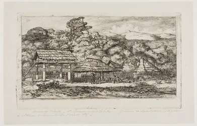 Granges et huttes indigènes à Akaroa, péninsule de Banks, 1845