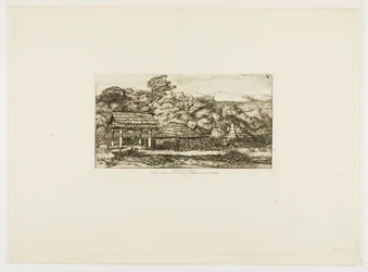 Granges et huttes indigènes à Akaroa, péninsule de Banks, 1845