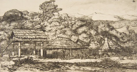 Granges et Huttes Indigènes à Akaroa, Péninsule de Banks, 1845, 1860