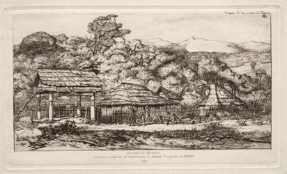 Granges et huttes indigènes à Akaroa, péninsule de Banks, 1845, 1865
