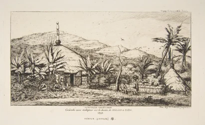 Nouvelle-Calédonie : Grande hutte indigène sur la route de Balade à Puebo, 1845, tiré de « Le Voyage en Nouvelle-Zélande (1842-46) »
