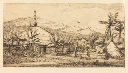 Nouvelle-Calédonie : Grande case indigène sur le chemin de Balade à Poepo, 1845