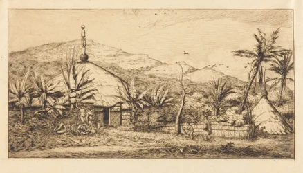 Nouvelle-Calédonie : Grande case indigène sur le chemin de Balade à Puebo, 1845