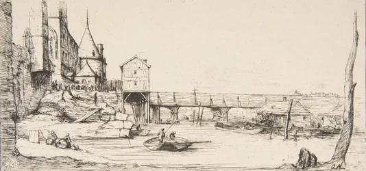 La passerelle remplaçant temporairement le Pont-au-Change, Paris, après l