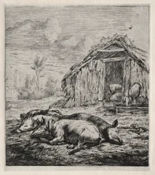 Trois porcs allongés devant une porcherie, 1850