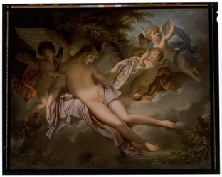 Cupidon pleure la perte de Psyché, dont il tient le portrait dans ses mains