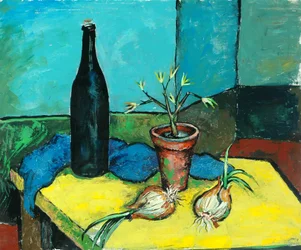 Bouteille noire et oignons (huile sur toile)