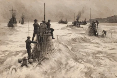 Nouveaux sous-marins britanniques quittant Milford Haven (Angleterre), pour entrer en action. Dessin et lavis (30.4x45.5 cm) par Charles M. Padday ( ) , début du 20e siècle.