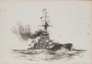 Le navire britannique Iron Duke. Dessin (25.5x36.8 cm) par Charles M. Padday ( ) , début du 20e siècle.