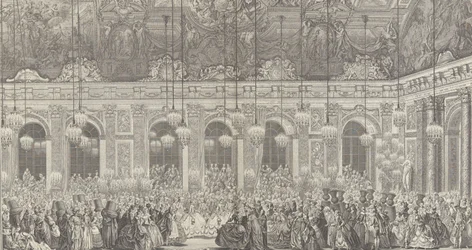 Décoration pour un bal masqué à Versailles, vers 1860 réimpression de la planche de 1764