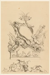 Design pour Cartouche avec Couronne, Deux Putti servant Bacchus, et Deux Lions de "Cartouches Nouvellement Inventez"