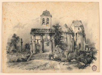 Trois figures devant une église