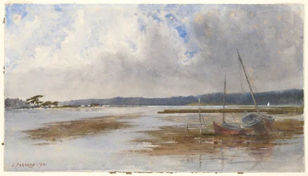 Scène de rivière avec bateaux échoués