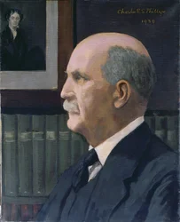 William Henry Bragg (1862-1942) avec une image de Michael Faraday (1791-1867) en arrière-plan, 1939