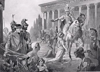 Alexandre lors du sac de Thèbes en 335 av. J.-C., illustration tirée de "Hutchinson