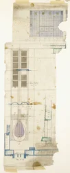 Conception pour une armoire, montrée en élévation, avec des détails de panneau décoratif à demi-grandeur, 1904