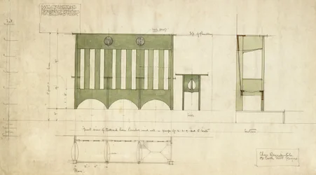 Conception pour des bancs et une table, montrée en élévation et plan de section