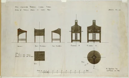 Conceptions pour des bureaux montrés en élévations frontale et latérale, pour les salons de thé Ingram Street, 1909