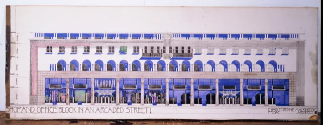 Dessins architecturaux inédits pour un magasin et une rue avec arcades, c.1915