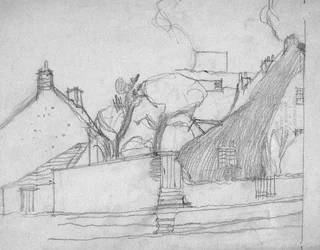 Croquis de village anglais avec toit de chaume au premier plan, vers 1920