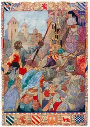 Le roi Arthur salue sa reine Guenièvre (lithographie couleur)