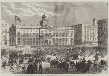 La révolution en Espagne, hisser le drapeau de la révolution aux bureaux publics de la Puerta del Sol, Madrid