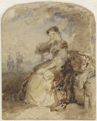 Dame assise sur un banc sous un arbre, un livre à la main