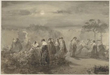 Groupe de dames et messieurs dans une cour éclairée par la lune avec des rosiers