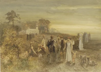 Moines se rendant à une église, observés par un groupe de Germains