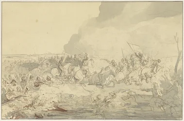 Bataille entre cavalerie et infanterie en tenue du XVIe siècle