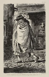 Une figure en manteau passant dans la rue (au moment de la peste à Londres)