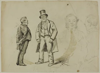 Esquisse de deux hommes debout et deux portraits