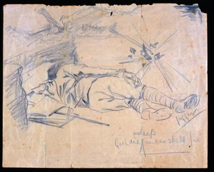Lieutenant Leslie Gooldie endormi sous le feu des obus, 1915