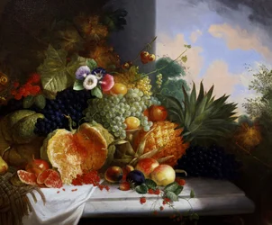 Nature morte de fruits (dont framboises, raisins, fruits de la passion, melons, groseilles, ananas, peches). Peinture de Charles Stuart (actif 1854-1904) Collection privee.