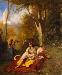 Une femme algérienne et sa servante dans un jardin