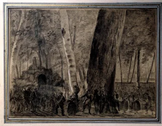 Révolution française : « Le corps de Jean-Paul Marat (1743-1793) enterré dans le jardin des Cordeliers ». Dessin de Charles Thévenin (1764-1838) 1793 Versailles, Musée Lambinet