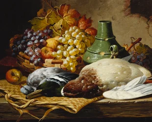 Un colvert et un pigeon ramier avec un panier de pommes et de raisins sur une corniche en bois