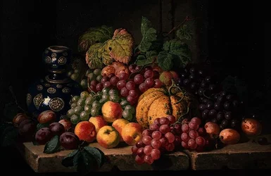 Nature morte avec fruits et vase bleu