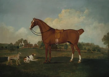 Un chasseur bai avec deux chiens dans un paysage, avec un manoir au-delà, 1779