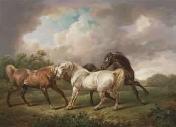 Trois chevaux dans un paysage orageux