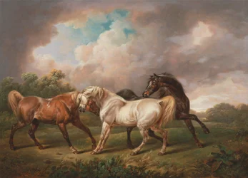 Trois chevaux dans un paysage orageux