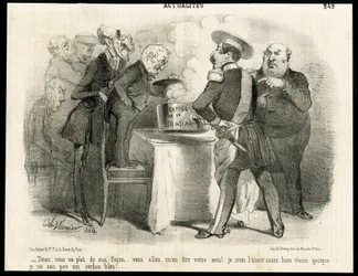 Illustration de Charles Vernier dans Le Charivari - Rappel de la loi du 31 mai 1850 - Élections, Président de la République, Taille, Loi, Droits de vote - Thiers Adolphe, Napoléon III, Dupin André-Marie dit Dupin aîné