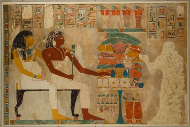Vizir Rekhmire et sa mère Meryt avec des offrandes alimentaires, c.1928