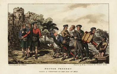 Touriste anglais en kilt tartan rencontrant un chef de clan devant un château médiéval sur l