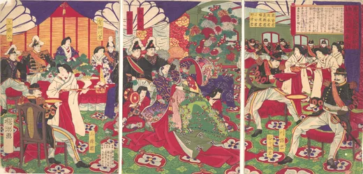 Les leaders de la pacification des rebelles de Kagoshima célébrant avec des coupes..., 20 septembre 1877