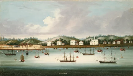 Vue de Singapour depuis les routes avec des navires américains, français et britanniques, c.1850