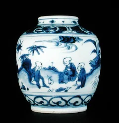 Pot bleu et blanc peint avec des garçons avec un lièvre, Wanli ou Chongzheng, 1600-30